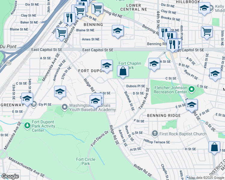 map of restaurants, bars, coffee shops, grocery stores, and more near 345 Burns Street Southeast in Washington