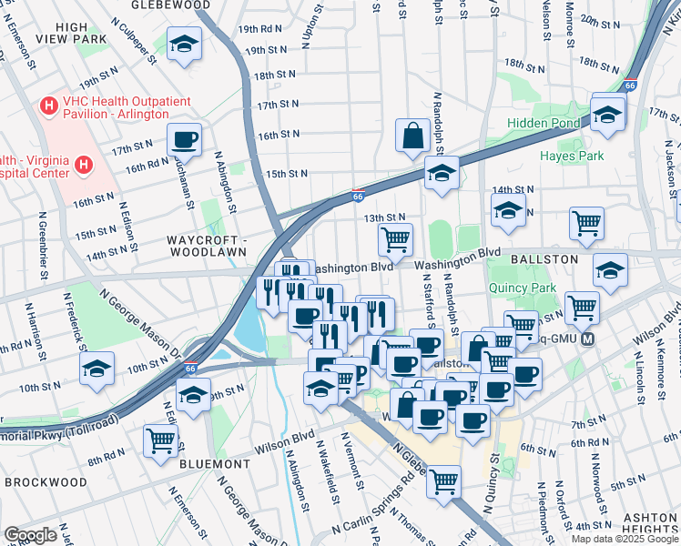map of restaurants, bars, coffee shops, grocery stores, and more near 4424 Washington Boulevard in Arlington