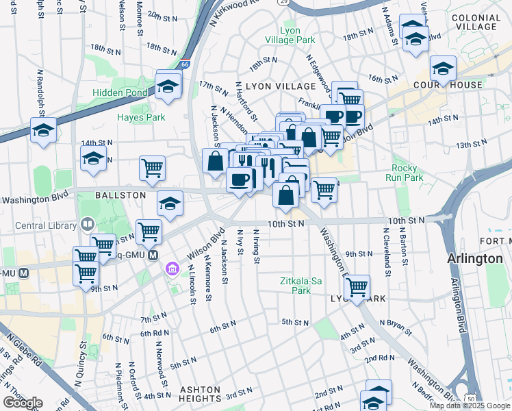 map of restaurants, bars, coffee shops, grocery stores, and more near North Irving Street in Arlington