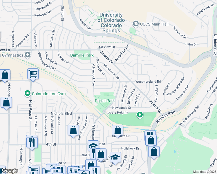 map of restaurants, bars, coffee shops, grocery stores, and more near 1220 Cumberland Street in Colorado Springs