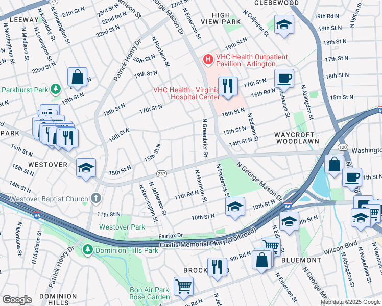map of restaurants, bars, coffee shops, grocery stores, and more near 1318 North Harrison Street in Arlington