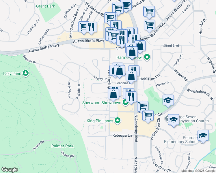 map of restaurants, bars, coffee shops, grocery stores, and more near 3654 Queen Anne Way in Colorado Springs
