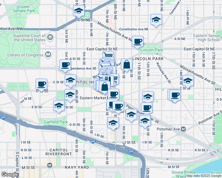 map of restaurants, bars, coffee shops, grocery stores, and more near 101 Independence Avenue Southeast in Washington