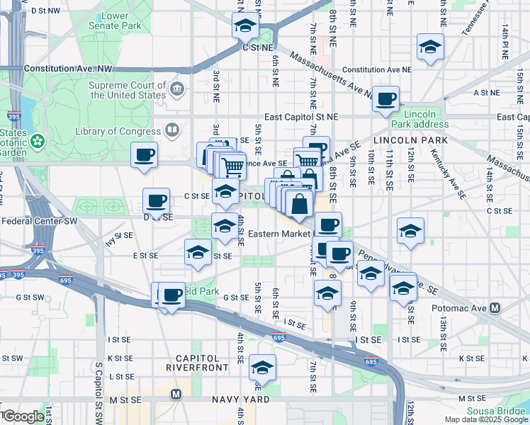 map of restaurants, bars, coffee shops, grocery stores, and more near 101 Independence Avenue Southeast in Washington