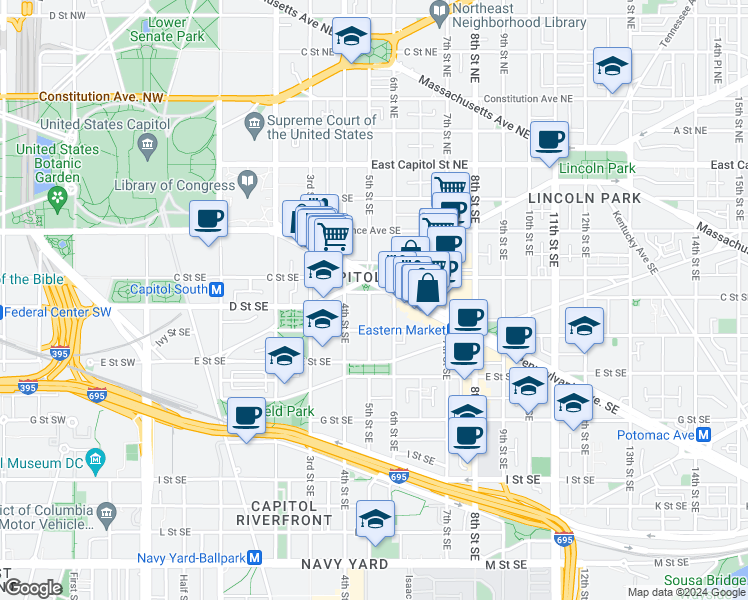 map of restaurants, bars, coffee shops, grocery stores, and more near 101 Independence Avenue Southeast in Washington