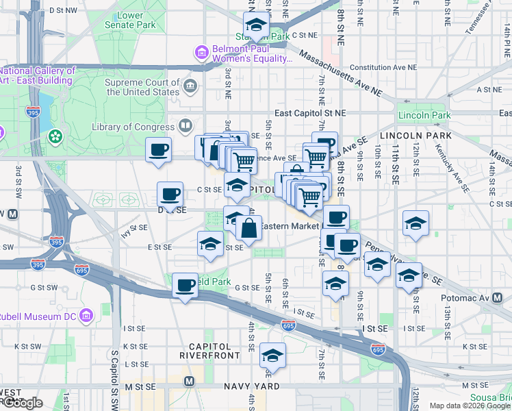 map of restaurants, bars, coffee shops, grocery stores, and more near 101 Independence Avenue Southeast in Washington