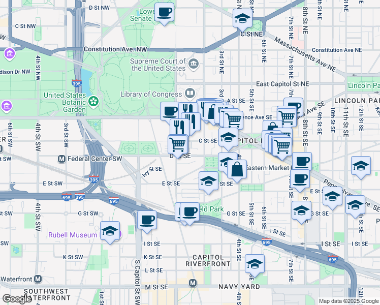 map of restaurants, bars, coffee shops, grocery stores, and more near 101 Independence Avenue Southeast in Washington