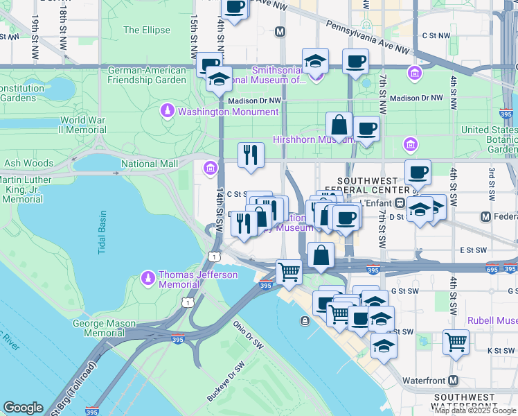 map of restaurants, bars, coffee shops, grocery stores, and more near 101 Independence Avenue Southeast in Washington