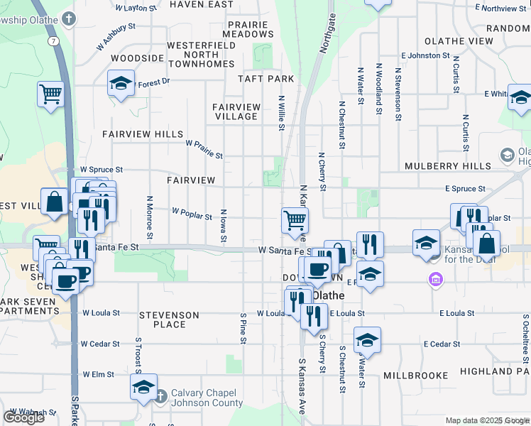 map of restaurants, bars, coffee shops, grocery stores, and more near 311 West Spruce Street in Olathe