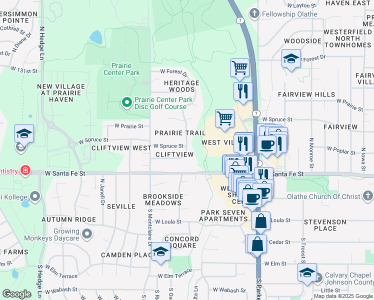 map of restaurants, bars, coffee shops, grocery stores, and more near 1301 West Poplar Street in Olathe