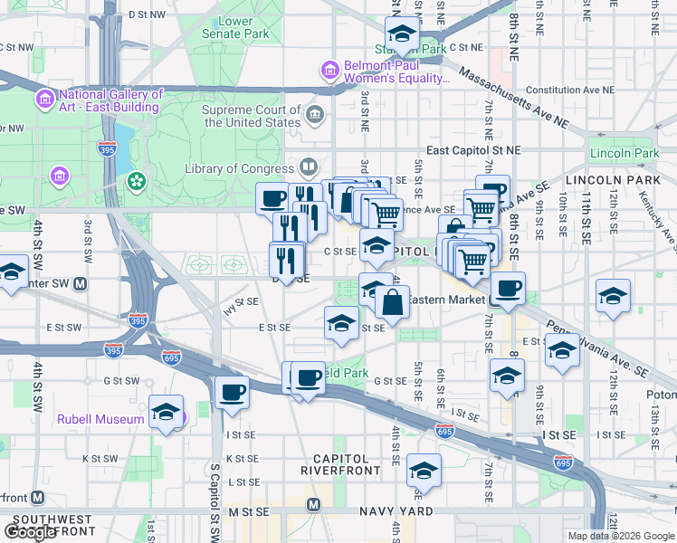 map of restaurants, bars, coffee shops, grocery stores, and more near 101 Independence Avenue Southeast in Washington