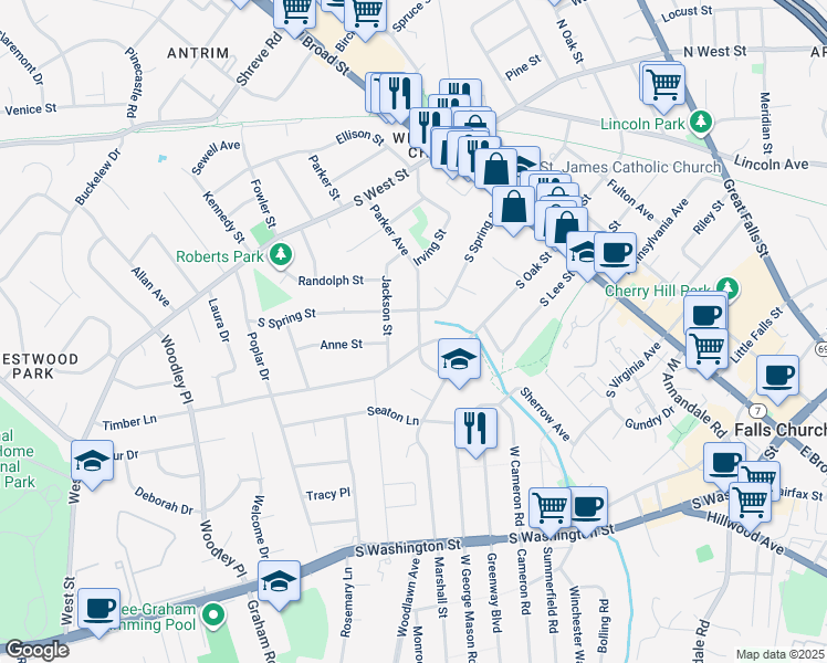 map of restaurants, bars, coffee shops, grocery stores, and more near 402 Parker Avenue in Falls Church