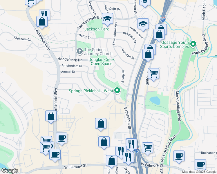 map of restaurants, bars, coffee shops, grocery stores, and more near 840 Vondelpark Drive in Colorado Springs