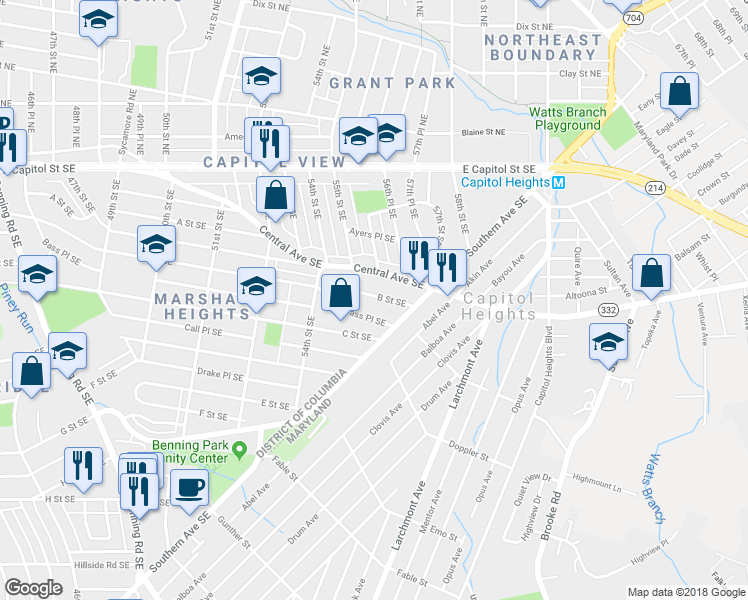 map of restaurants, bars, coffee shops, grocery stores, and more near 5521 B Street Southeast in Washington