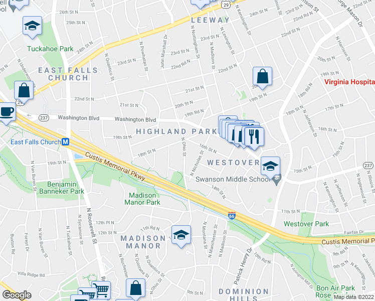 map of restaurants, bars, coffee shops, grocery stores, and more near 1513 North Ohio Street in Arlington