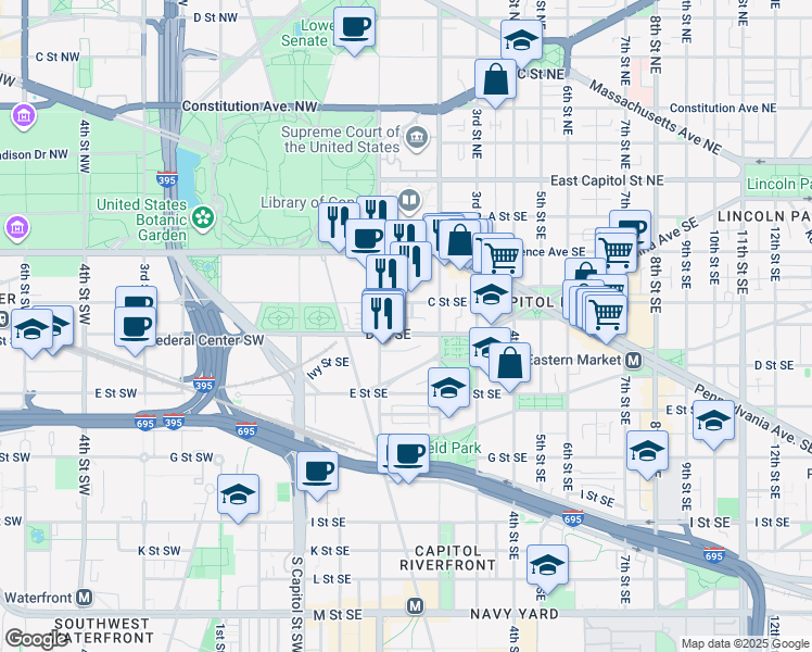 map of restaurants, bars, coffee shops, grocery stores, and more near 122 D Street Southeast in Washington