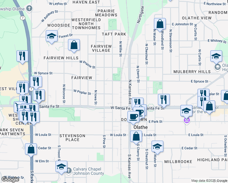 map of restaurants, bars, coffee shops, grocery stores, and more near 311 West Spruce Street in Olathe