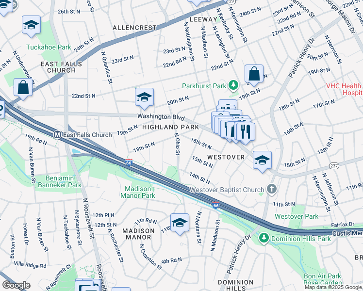 map of restaurants, bars, coffee shops, grocery stores, and more near 1513 North Ohio Street in Arlington