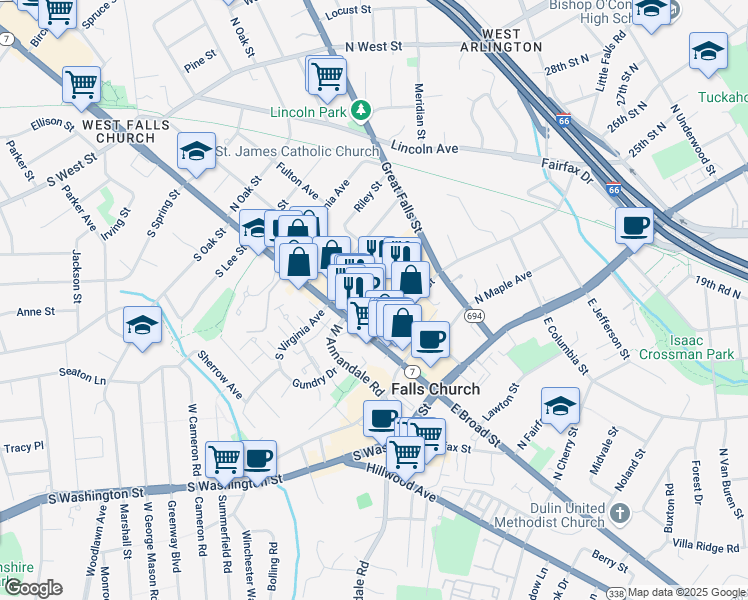 map of restaurants, bars, coffee shops, grocery stores, and more near 313 Park Avenue in Falls Church
