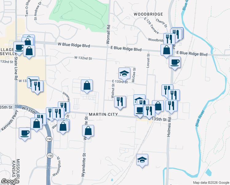 map of restaurants, bars, coffee shops, grocery stores, and more near 13310 Walnut Street in Kansas City