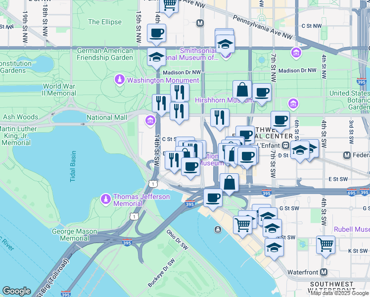map of restaurants, bars, coffee shops, grocery stores, and more near 325 13th Street Southwest in Washington