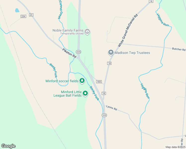 map of restaurants, bars, coffee shops, grocery stores, and more near 10776 Ohio 335 in Minford