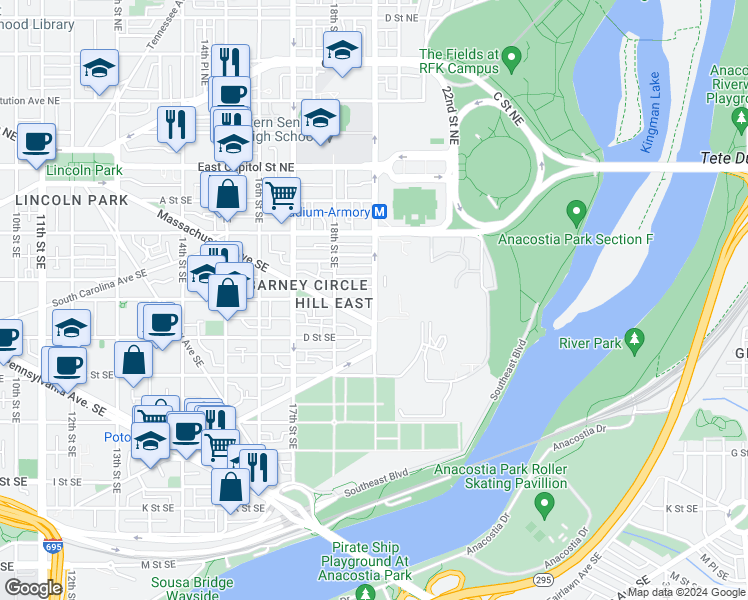 map of restaurants, bars, coffee shops, grocery stores, and more near 3279 C Street Southeast in Washington