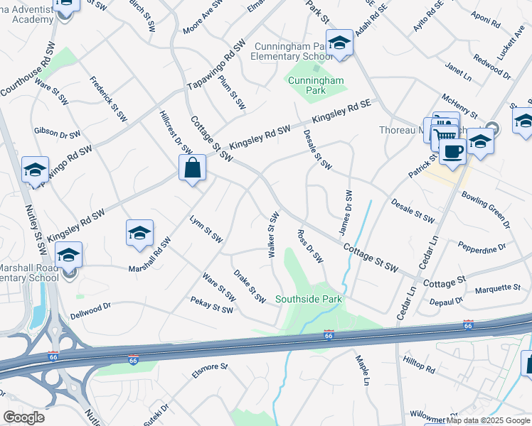 map of restaurants, bars, coffee shops, grocery stores, and more near 1112 Hillcrest Drive Southwest in Vienna