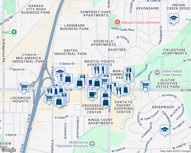 map of restaurants, bars, coffee shops, grocery stores, and more near 325 North Mur-Len Road in Olathe