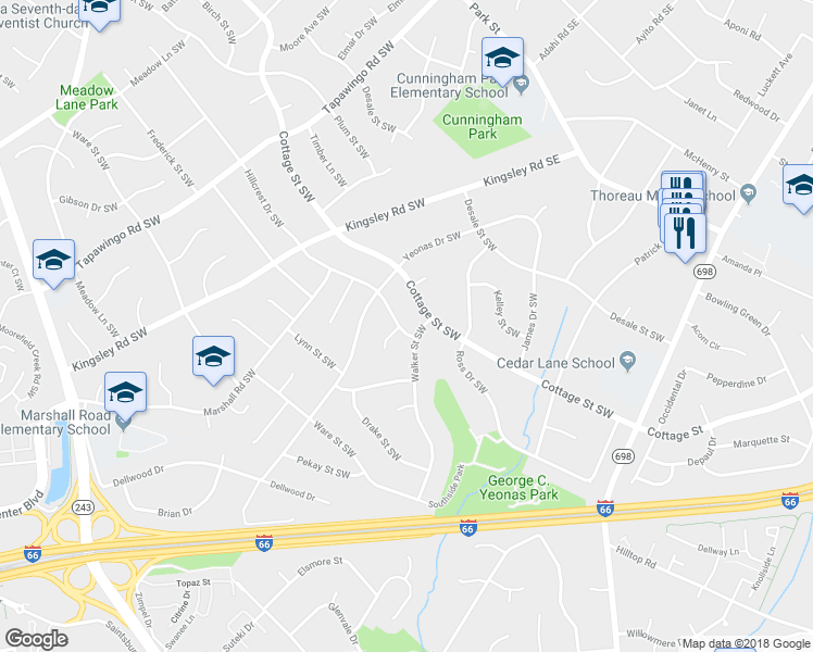 map of restaurants, bars, coffee shops, grocery stores, and more near 1112 Hillcrest Drive Southwest in Vienna