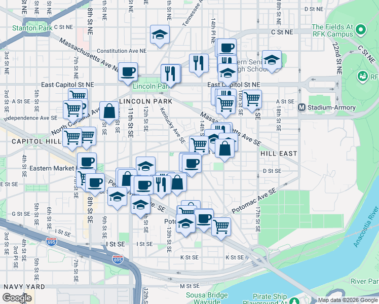 map of restaurants, bars, coffee shops, grocery stores, and more near C St SE & Kentucky Ave SE in Washington