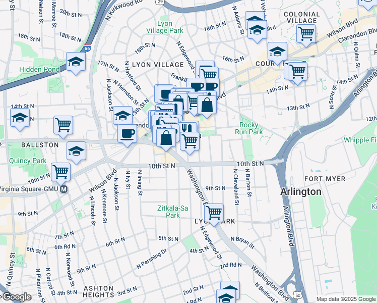 map of restaurants, bars, coffee shops, grocery stores, and more near 1025 North Fillmore Street in Arlington