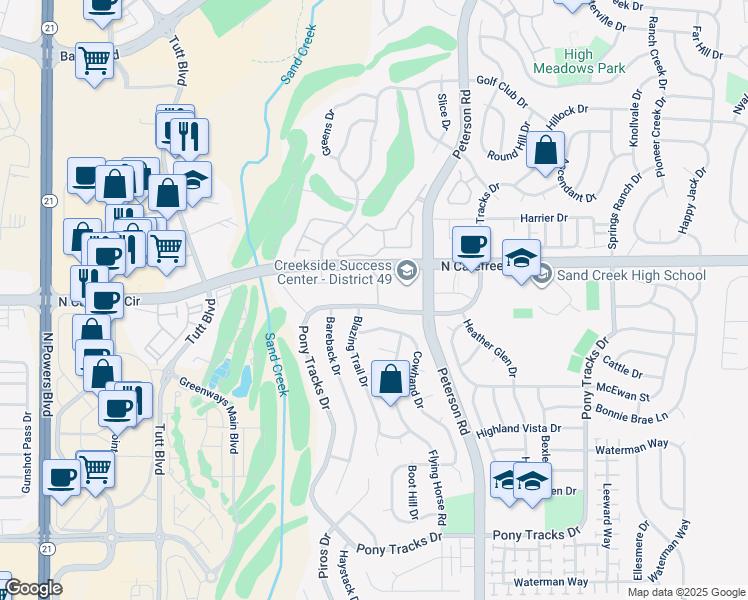 map of restaurants, bars, coffee shops, grocery stores, and more near 6470 Showhorse Court in Colorado Springs