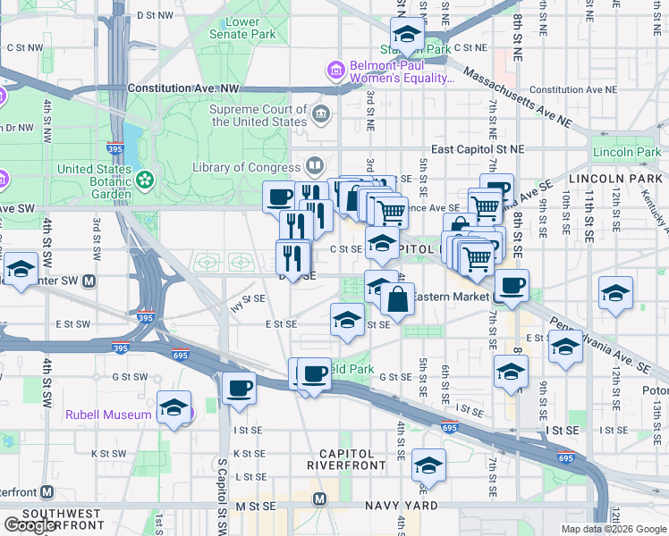 map of restaurants, bars, coffee shops, grocery stores, and more near 101 Independence Avenue Southeast in Washington