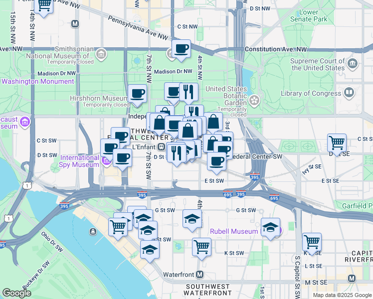 map of restaurants, bars, coffee shops, grocery stores, and more near in Washington