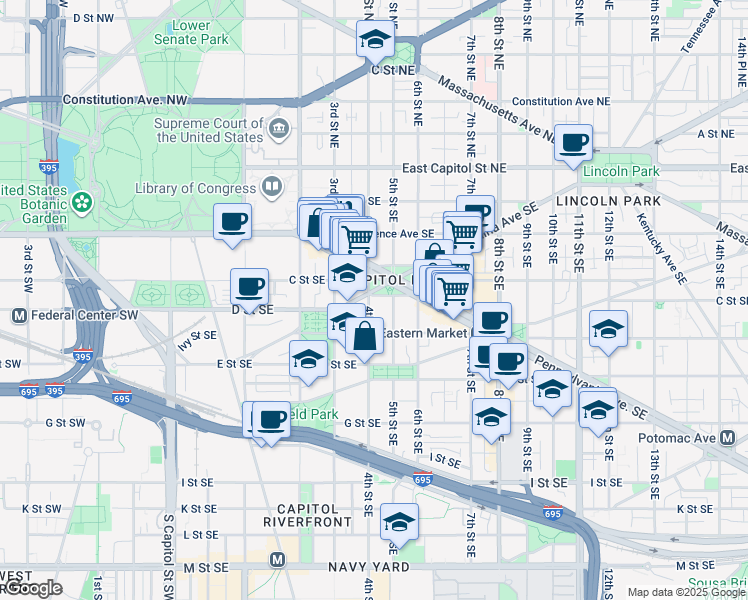 map of restaurants, bars, coffee shops, grocery stores, and more near 101 Independence Avenue Southeast in Washington