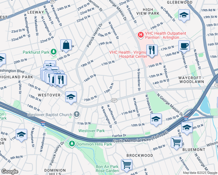 map of restaurants, bars, coffee shops, grocery stores, and more near 1501 North Ivanhoe Street in Arlington