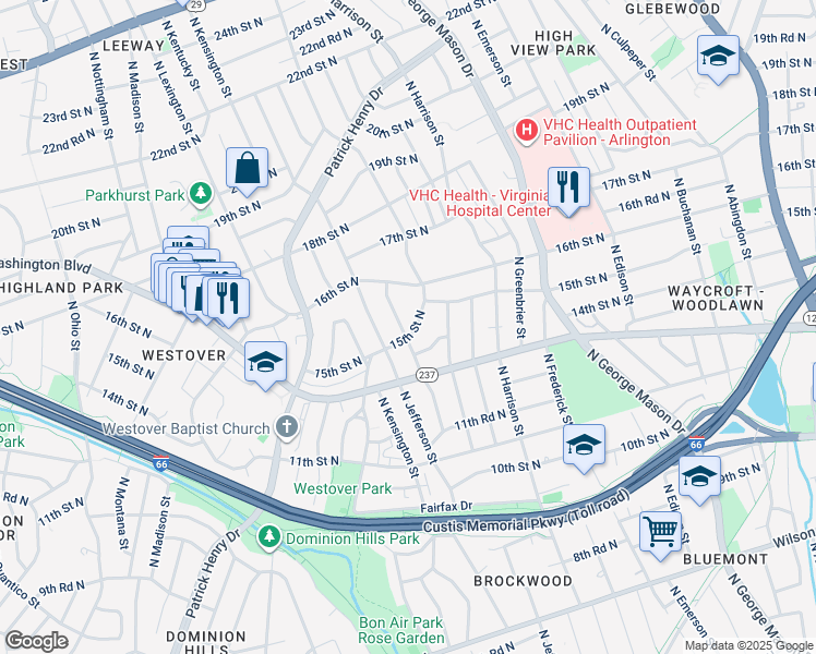 map of restaurants, bars, coffee shops, grocery stores, and more near 1501 North Ivanhoe Street in Arlington