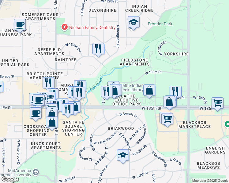 map of restaurants, bars, coffee shops, grocery stores, and more near 16100 West 135th Street in Olathe