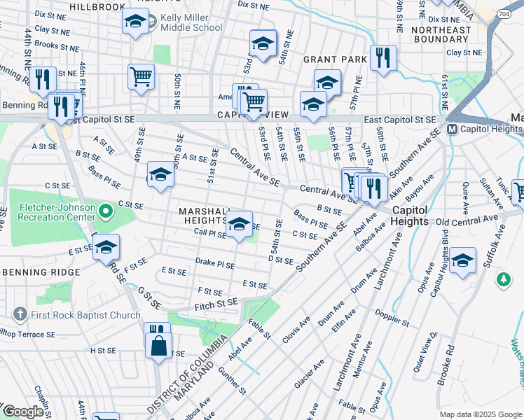 map of restaurants, bars, coffee shops, grocery stores, and more near 5322 Bass Place Southeast in Washington