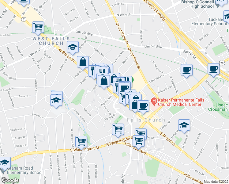 map of restaurants, bars, coffee shops, grocery stores, and more near 119 North Virginia Avenue in Falls Church
