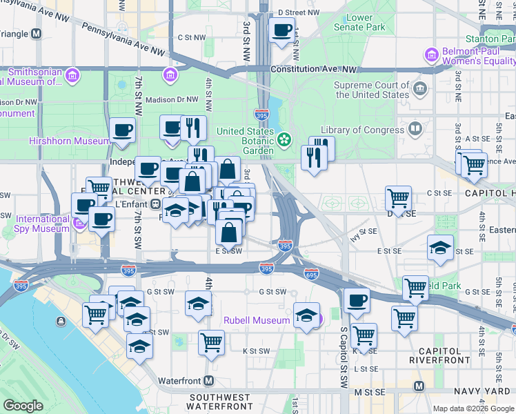 map of restaurants, bars, coffee shops, grocery stores, and more near 200 C Street Southwest in Washington