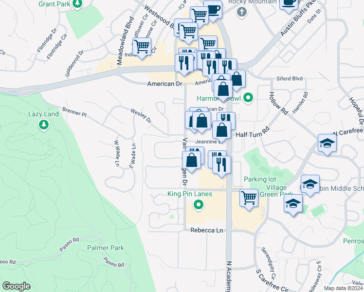 map of restaurants, bars, coffee shops, grocery stores, and more near 3666 Queen Anne Way in Colorado Springs