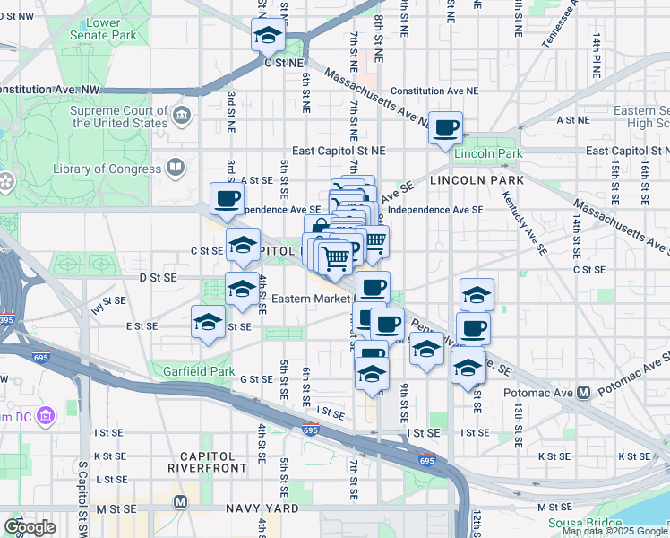 map of restaurants, bars, coffee shops, grocery stores, and more near 101 Independence Avenue Southeast in Washington