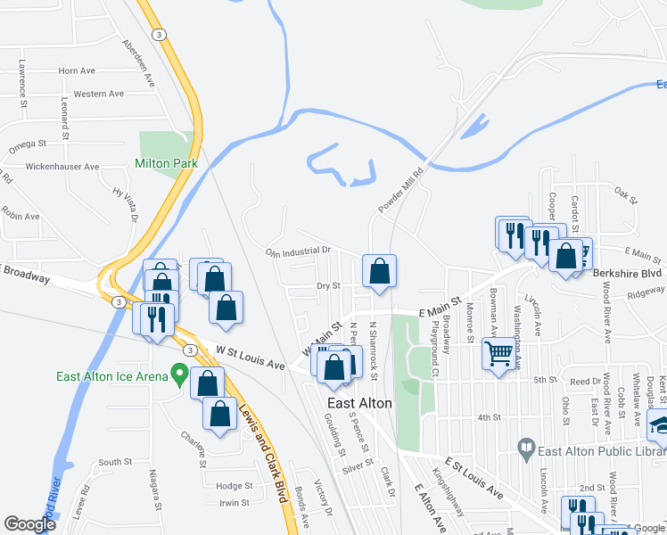 map of restaurants, bars, coffee shops, grocery stores, and more near 417 Church Street in East Alton
