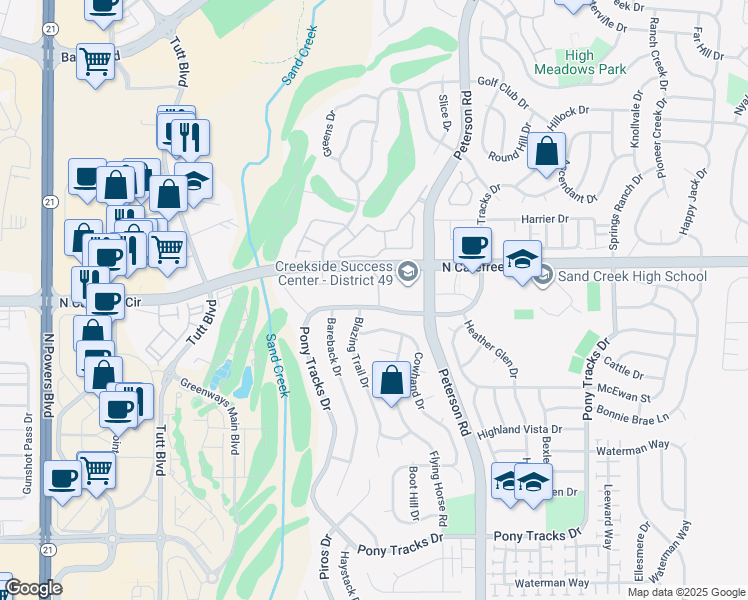 map of restaurants, bars, coffee shops, grocery stores, and more near 6470 Showhorse Court in Colorado Springs