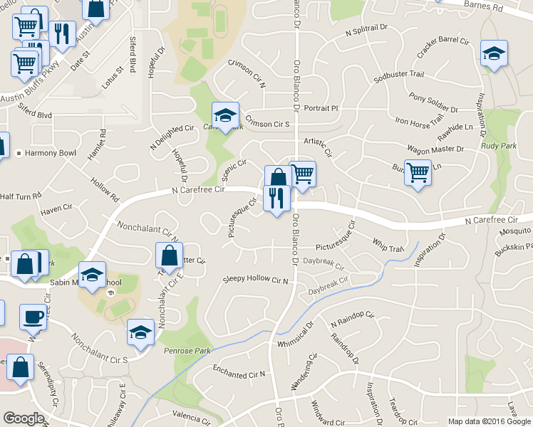 map of restaurants, bars, coffee shops, grocery stores, and more near 4625 Carefree Circle North in Colorado Springs