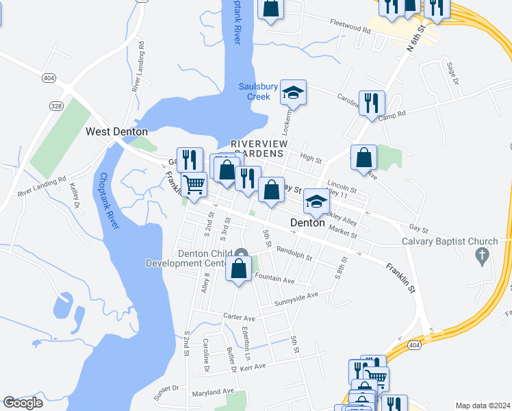 map of restaurants, bars, coffee shops, grocery stores, and more near 317 Market Street in Denton