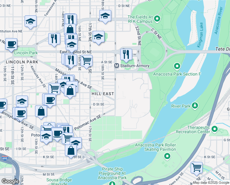 map of restaurants, bars, coffee shops, grocery stores, and more near 101 Independence Avenue Southeast in Washington
