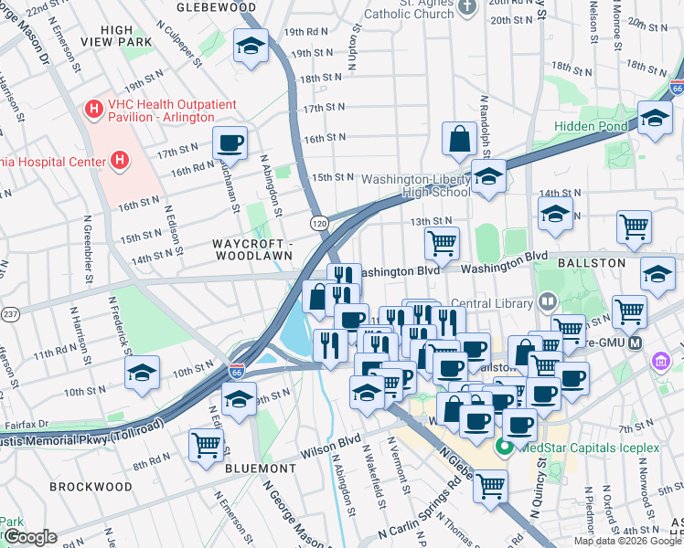 map of restaurants, bars, coffee shops, grocery stores, and more near North Glebe Road & Washington Boulevard in Arlington